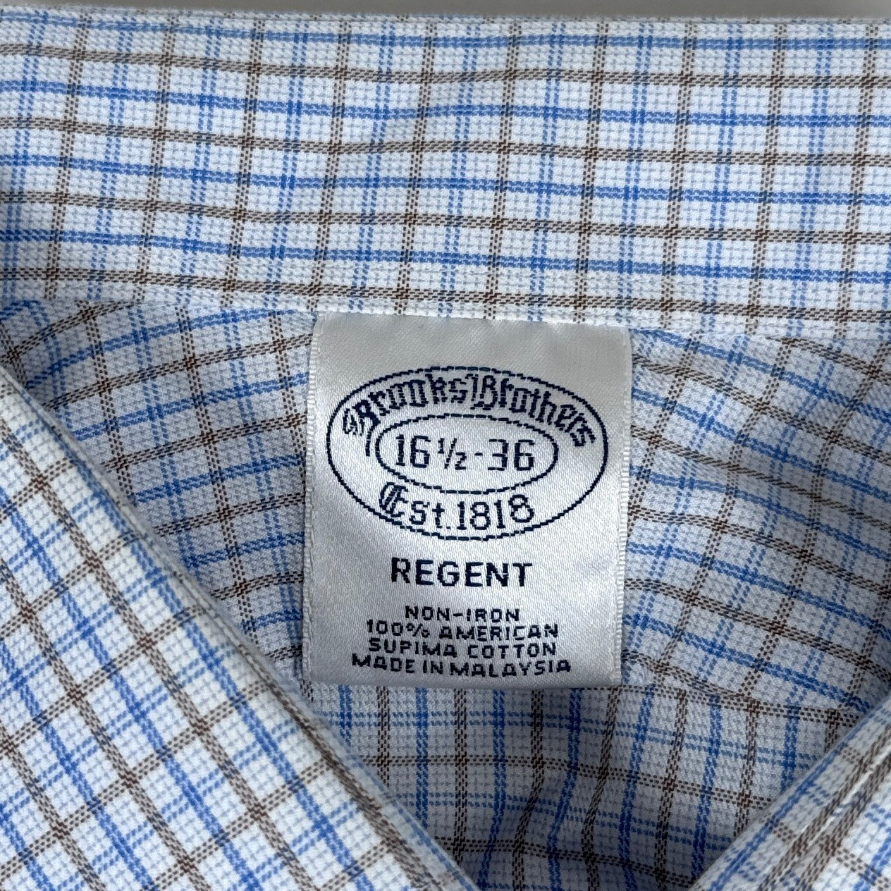 Brooks Brothers Shirt Mens 16.5 36 Blue Check Regent Non Iron Preppy Button Up