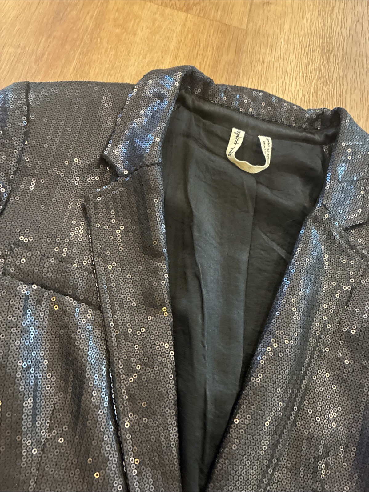 Free People Size 4 Black Sequin Notched Lapel One button Tailored Blazer
