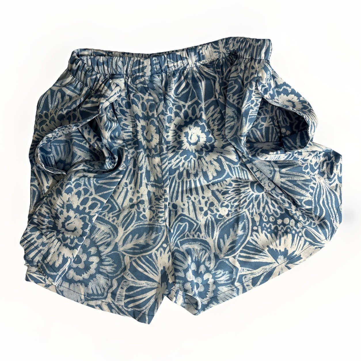 Van Winkle Co Women L Satin Sleep Shorts Batik Blue White Floral Elastic Waist