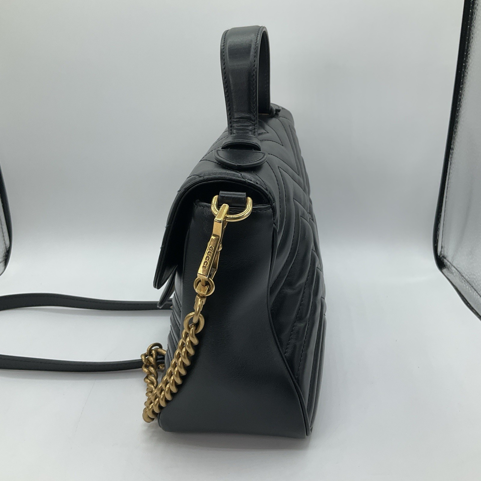 Gucci GG Marmont Matelasse Small Top Handle Black Leather Bag Purse