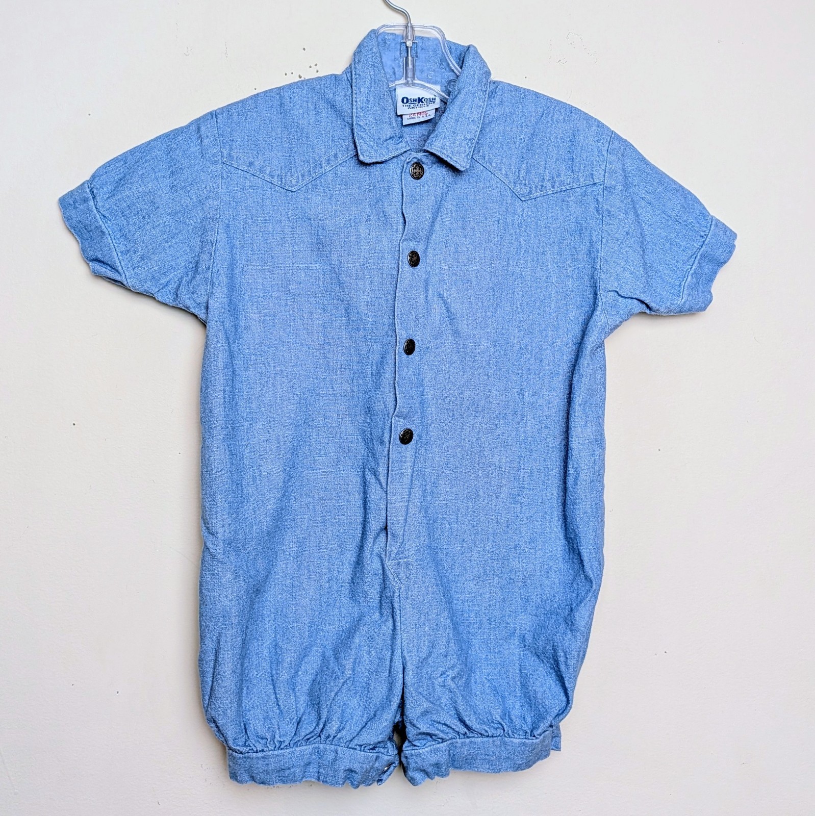 Vintage Osh Kosh B’Gosh Denim Romper Collared Jumpsuit 90s Size 24 Months
