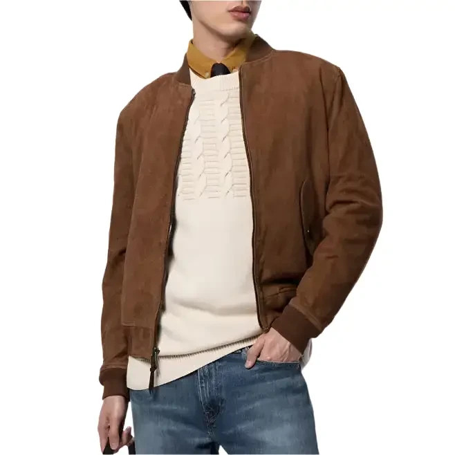 Men’s Brown Suede Leather Bomber Jacket – Premium Genuine Leather Classic Casual