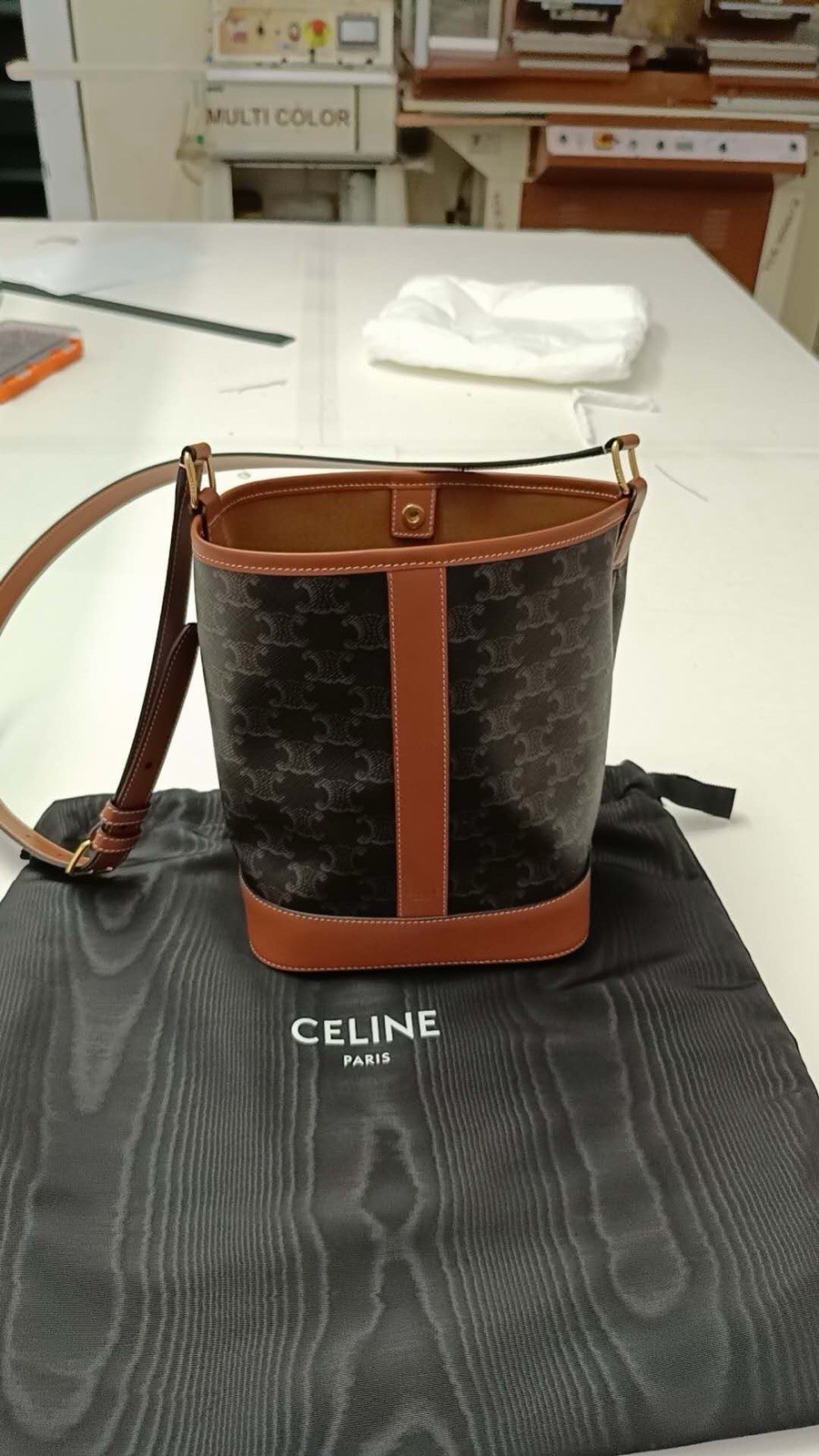 CELINE Brown/Black Logo Bucket Shoulder Bag Adjustable Strap Dust Bag