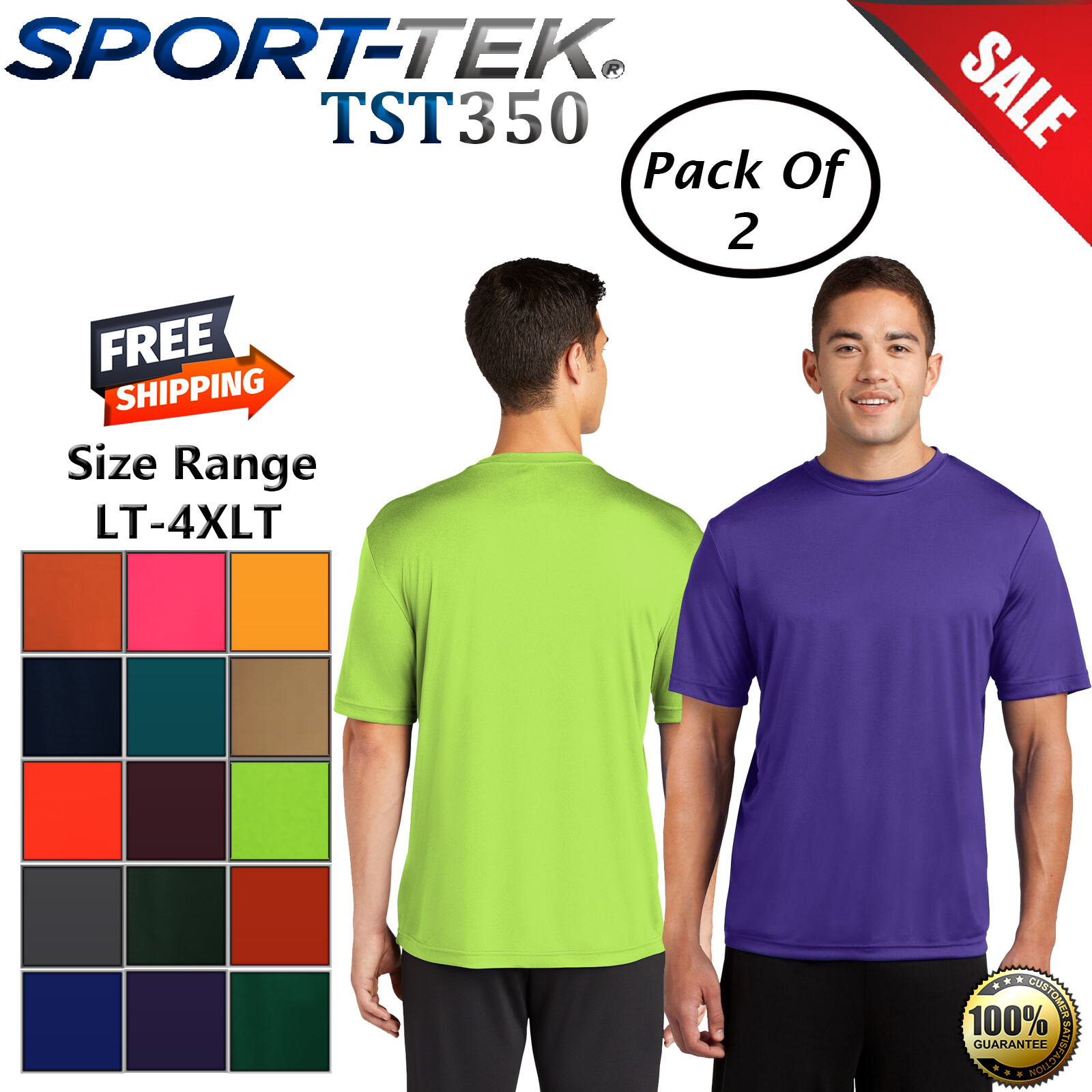 Pack Of 2 Sport-Tek TST350 Mens Big & Tall Short Sleeve Competitor Crew T-Shirt