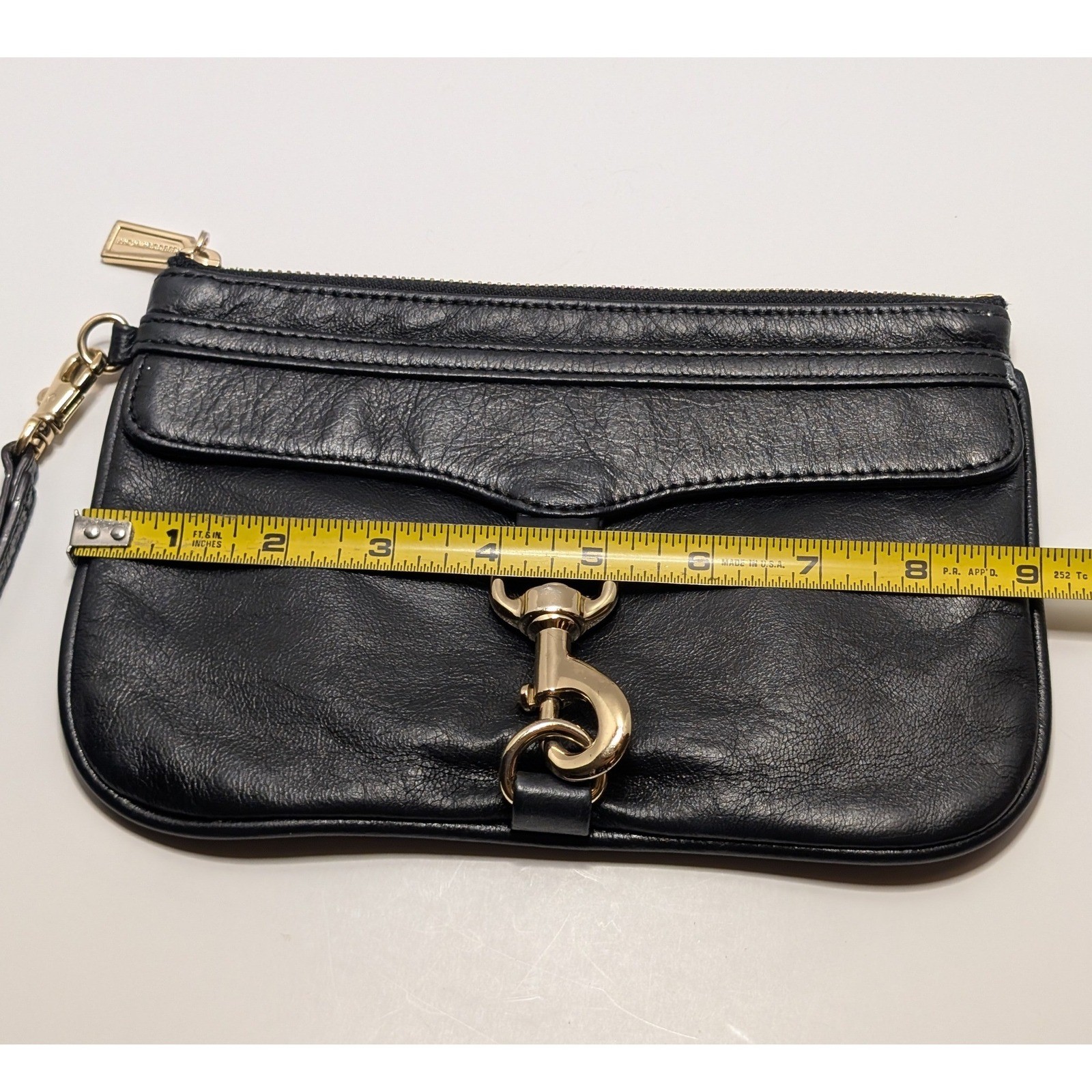 Rebecca Minkoff MAC Wristlet Clutch Black Leather Gold Hardware Polka Dot Lining