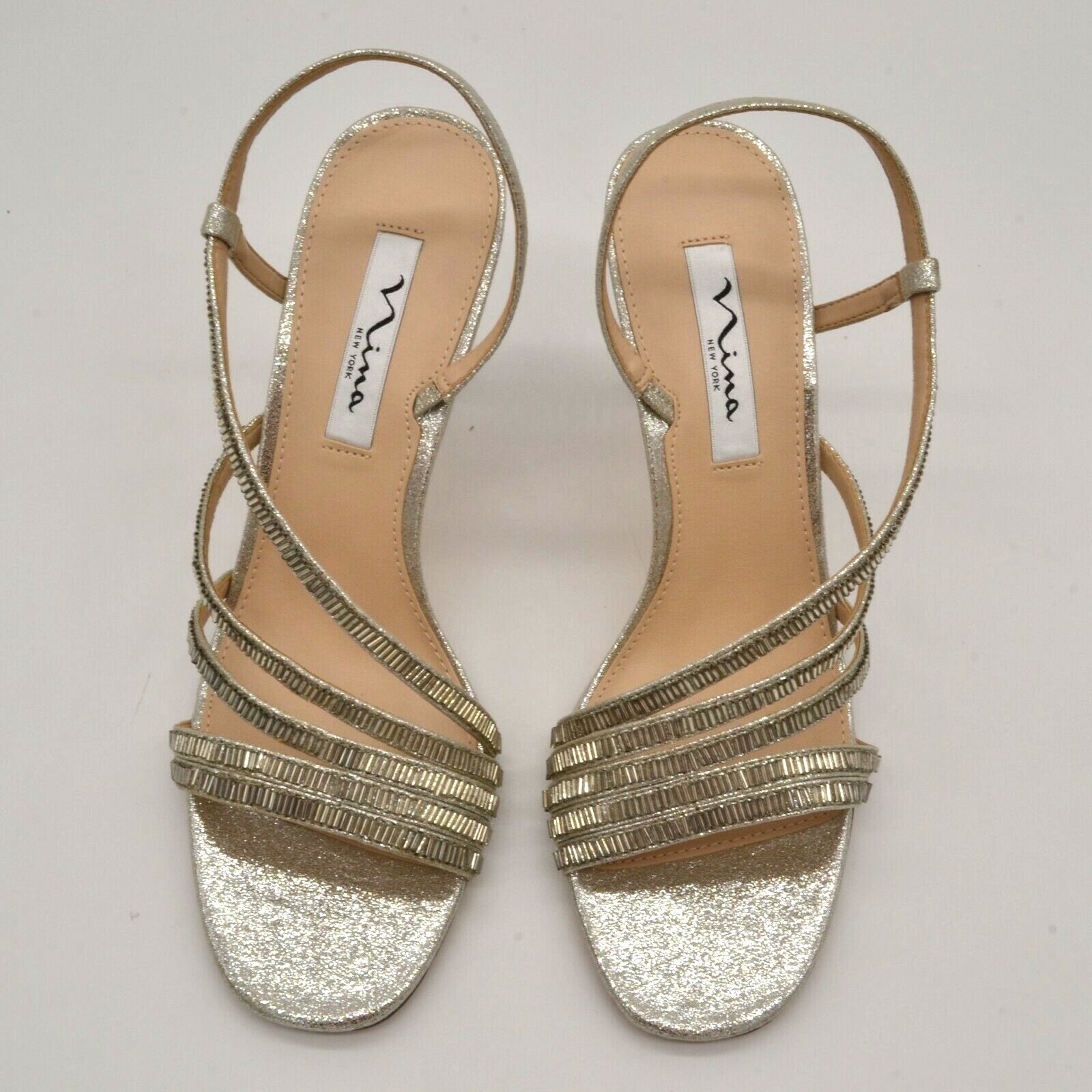Nina New York Womens Sparkle Strappy Slingback Heels Sz 8M Silver Leather NEW