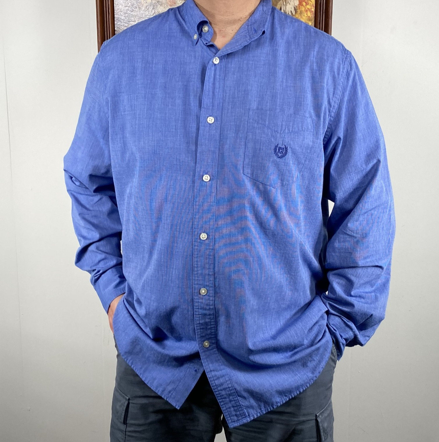 Chaps Button Down Shirt Top Men’s Large Blue Long Sleeve Pockets Easy Care