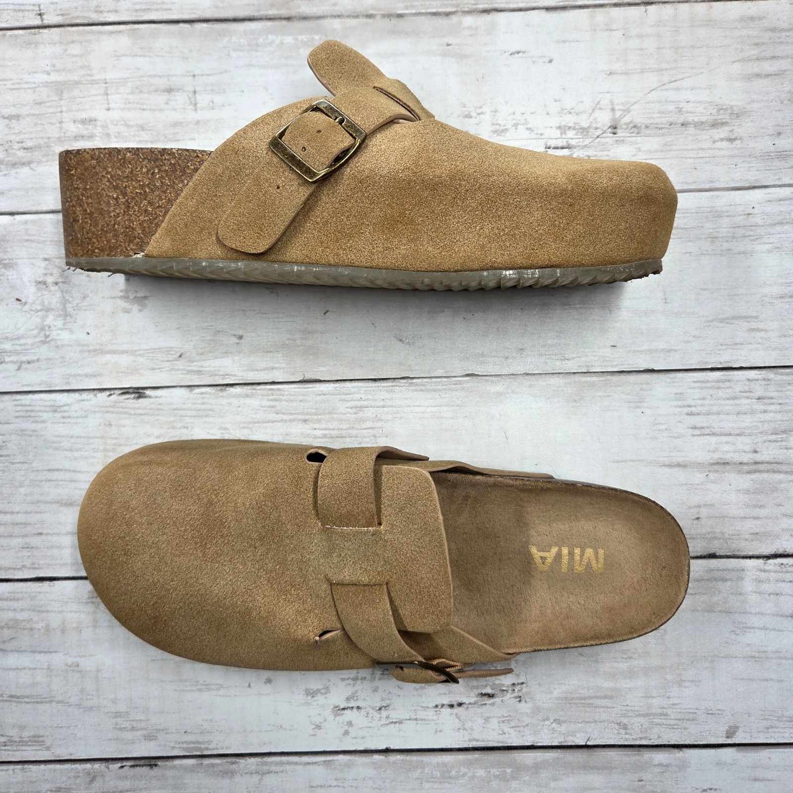 MIA Qwest Platform Clog Mule Womens 7.5M Tan Faux Suede Cork Wedge Buckle Strap
