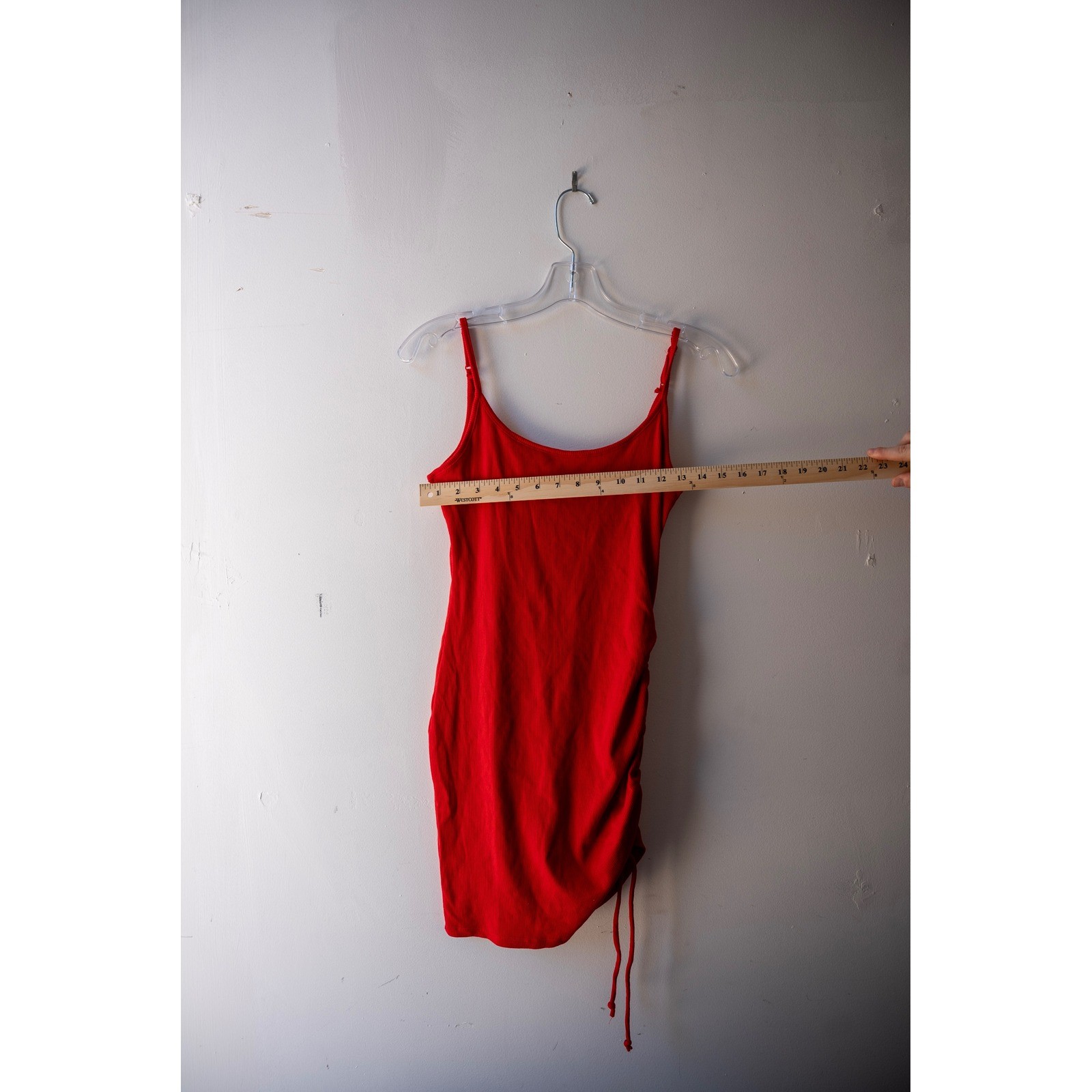 Red Side Ruched Bodycon Mini Dress Spaghetti Strap Scoop Neck Stretch Knit