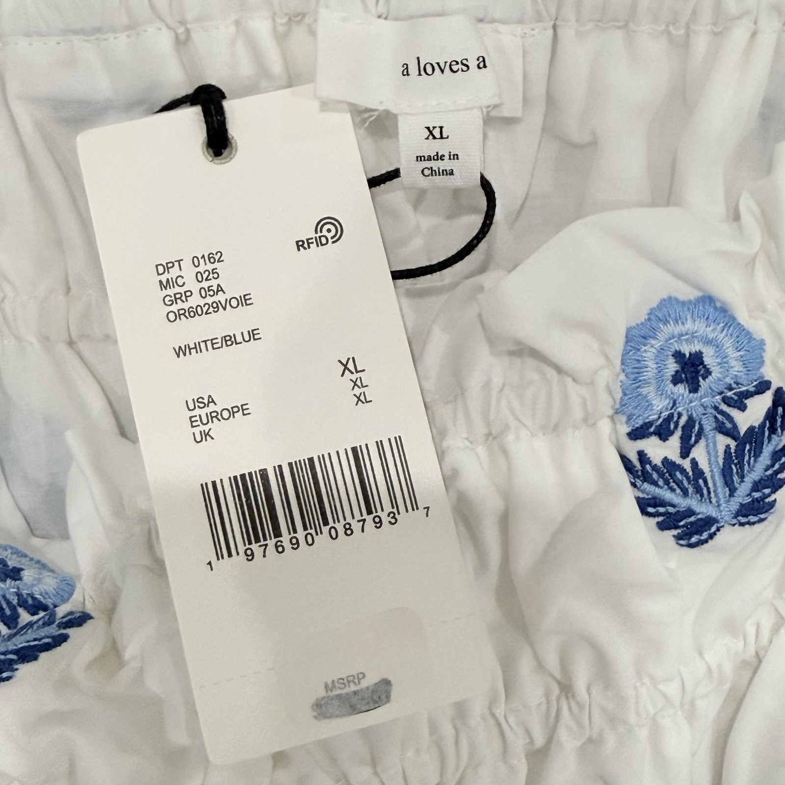 A Loves A Extra Large White Blue Floral Embroidered Smocked Minidress Cotton NWT