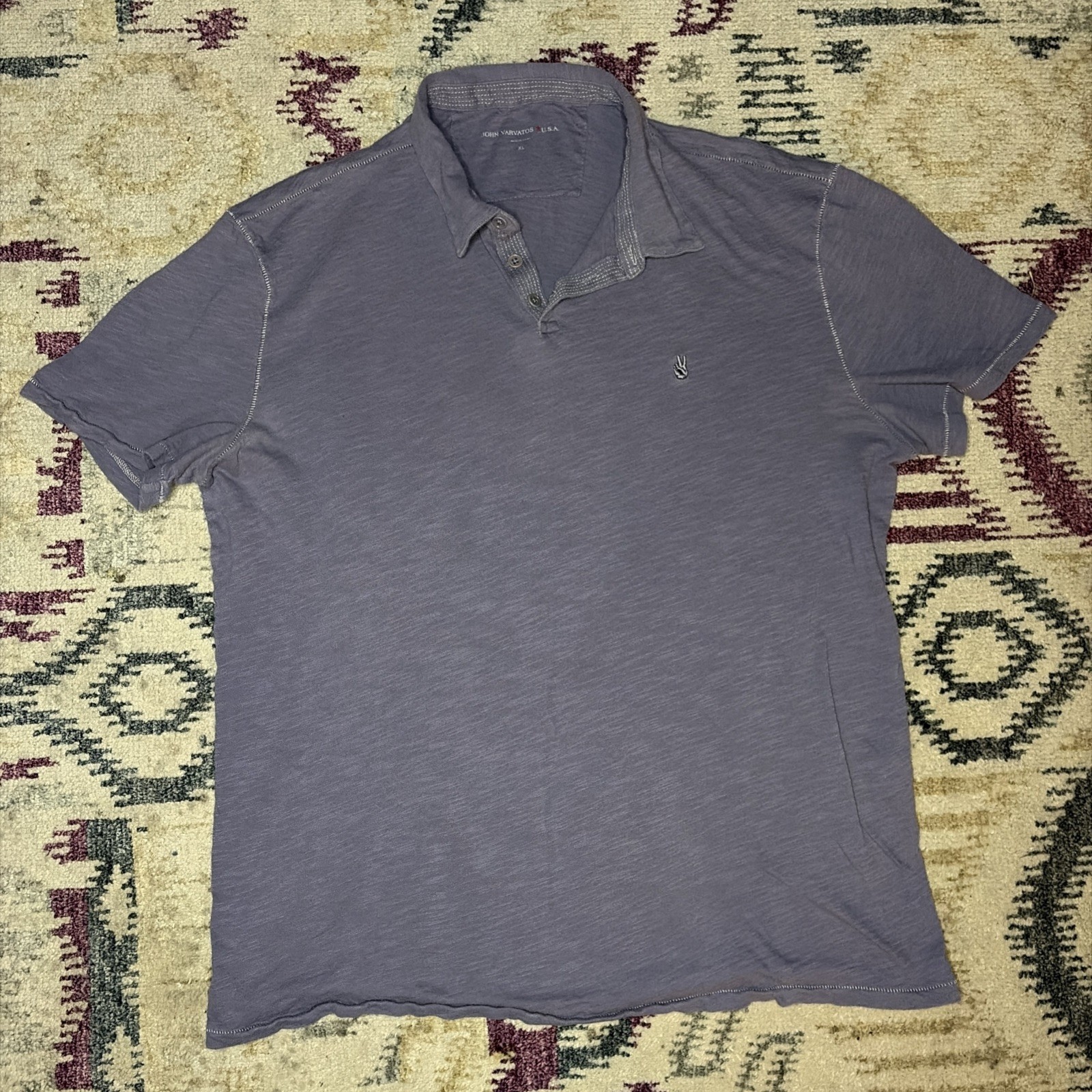 John Varvatos Polo Shirt Mens XL Purple Short Sleeve Peace Sign Slub Cotton Casu