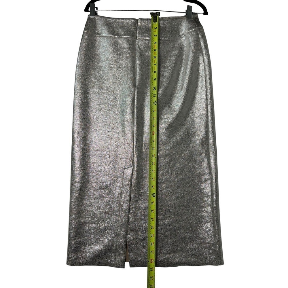 Zara Metallic Silver Faux Leather Midi Pencil Skirt Size M High Slit Textured
