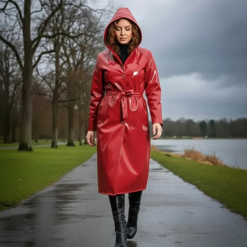 Shiny PVC Raincoat – Hooded Waterproof Trench Coat with Belt – XS to 6XL