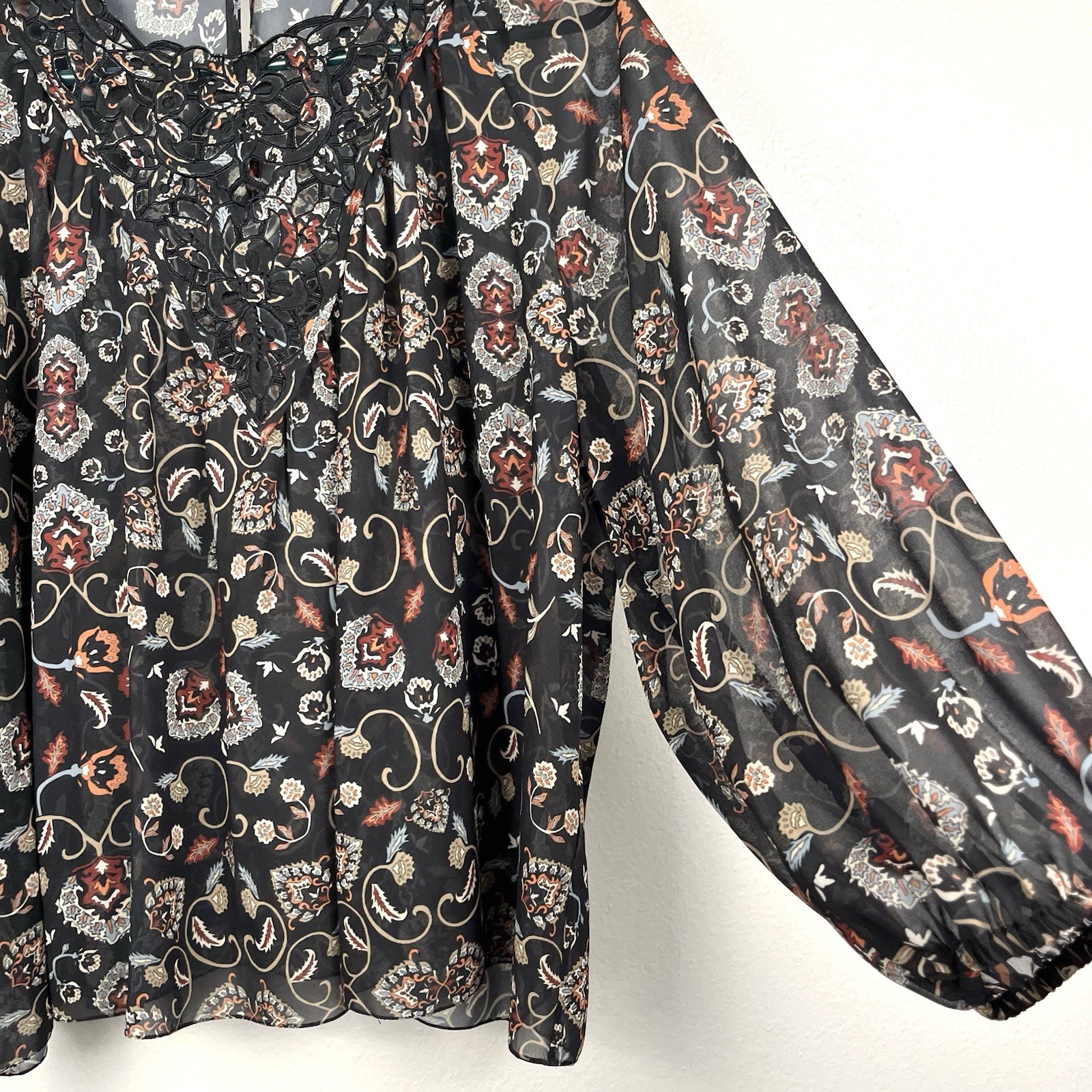 Sachin + Babi Large Paisley Lace Embroidered Chiffon 3/4 Sleeve Blouse Top