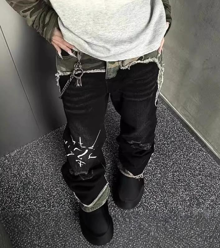 Men’s Black Denim Camouflage Mixed Straight Leg Casual Pants Jeans Punk Hip Hop