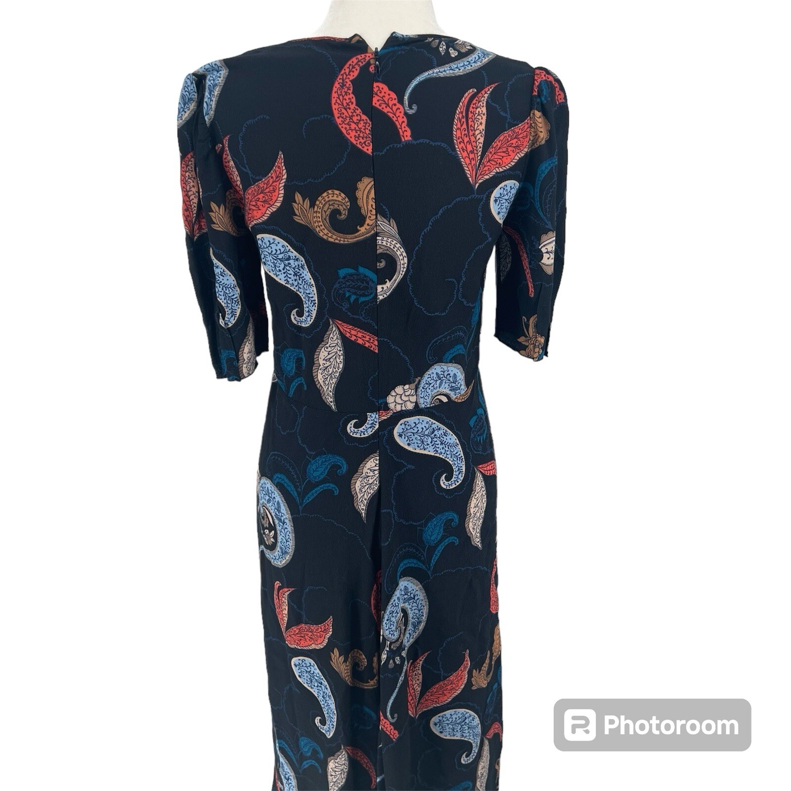 See by Chloe Puff-Shoulder Paisley Midi Dress asymmetrical hem V-neck Sz34