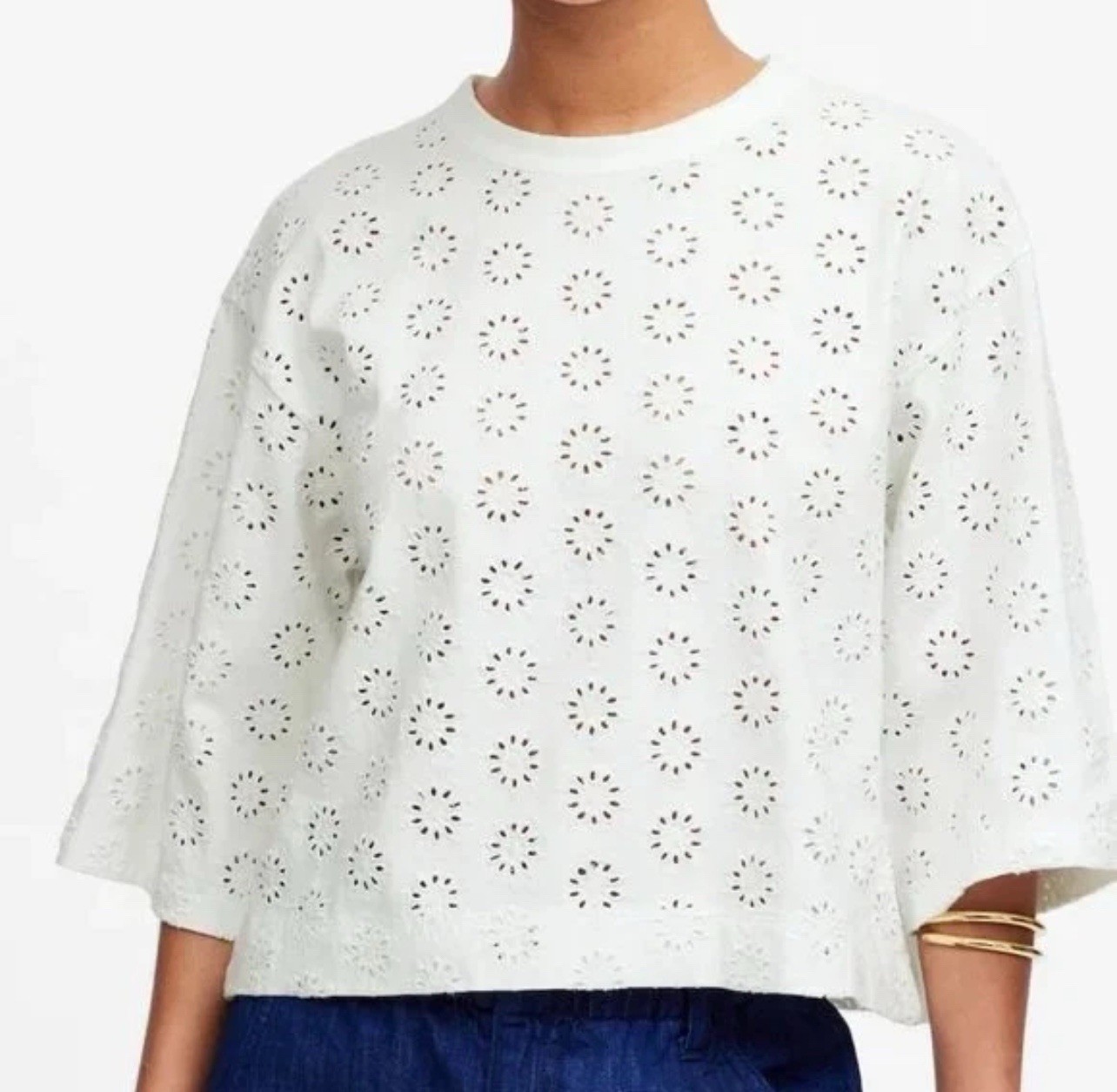 Madewell Womens 2XS Top White Cotton Embroidered Half Sleeve Blouse Shirt