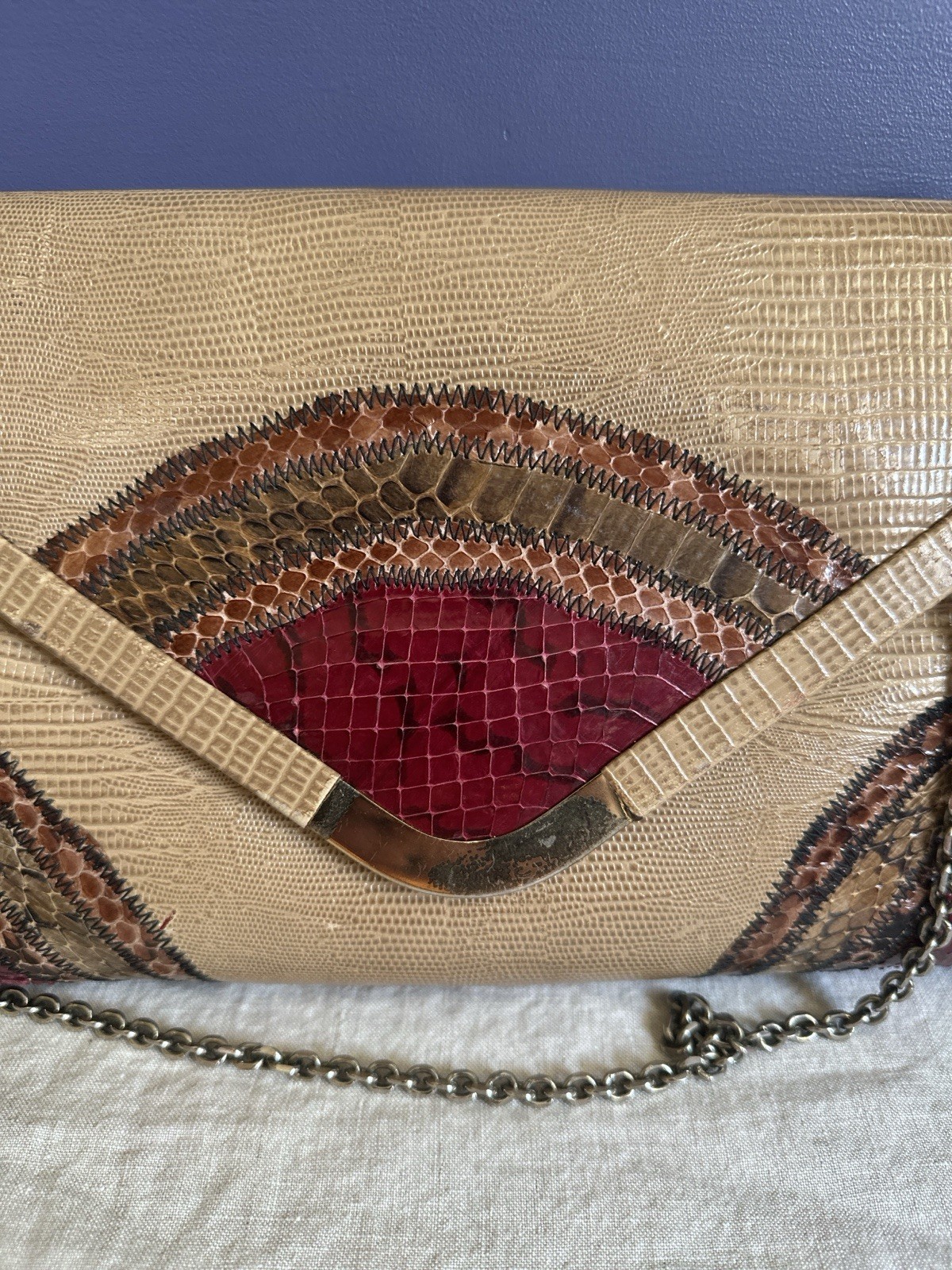 Vintage Original by Capice, snakeskin patchwork purse, chain strap, magnet close