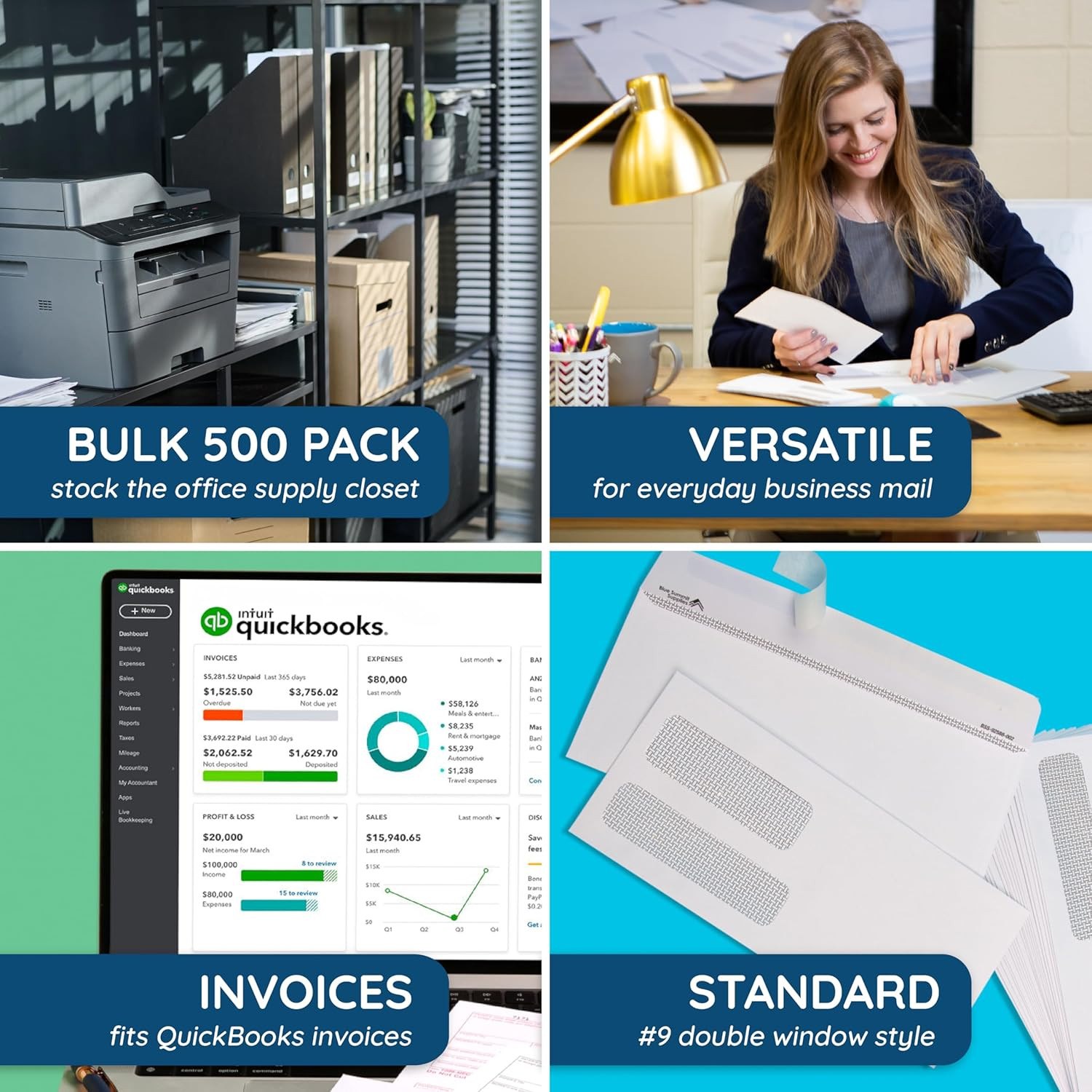 500 Blue Summit #9 Double Window Security Envelopes Self Seal for Quickbooks Inv