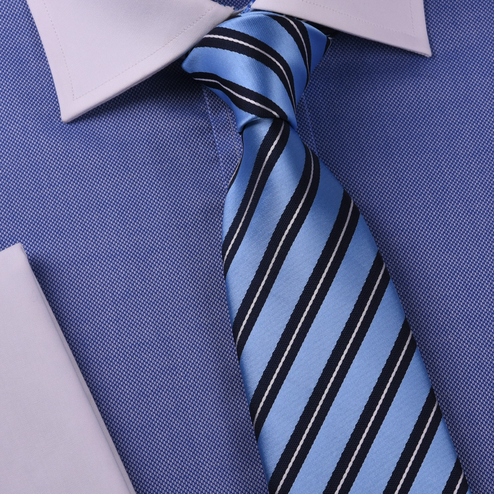 Stylish Blue Striped Necktie Classic Width Fit 8cm Tie Woven Luxury 3.15 Wide GQ