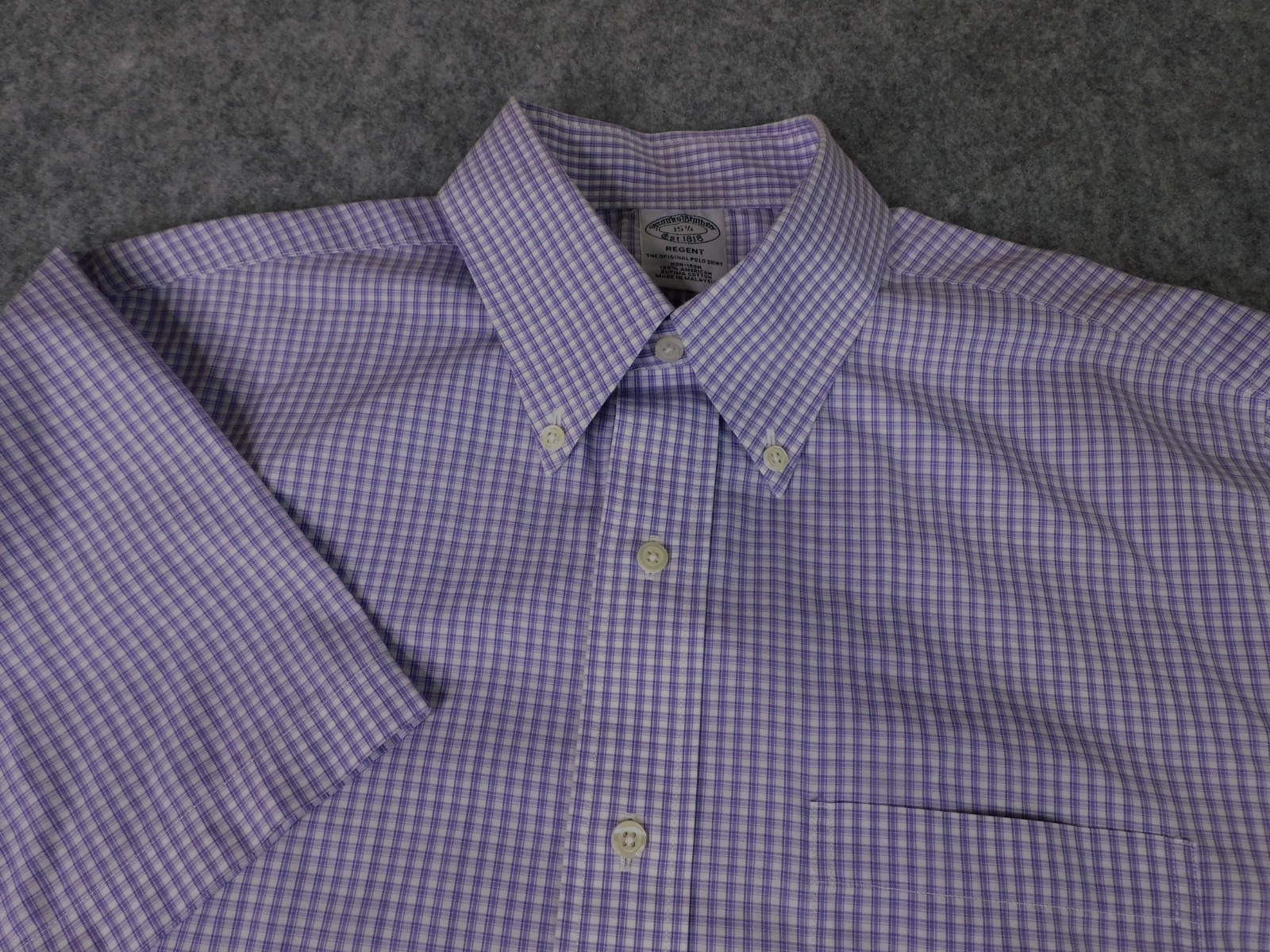Brooks Brothers Regent Men’s Dress/Casual SS Shirt; Purple/White Checks – 15-1/2
