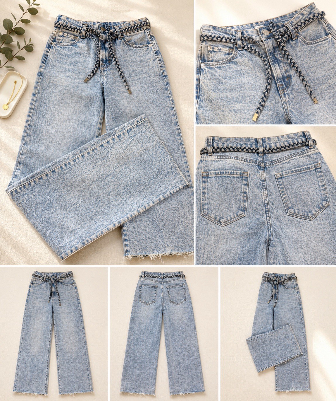 Women’s Light Wash Wide-Leg High Rise Denim Jeans Braided Belt 5-Pocket