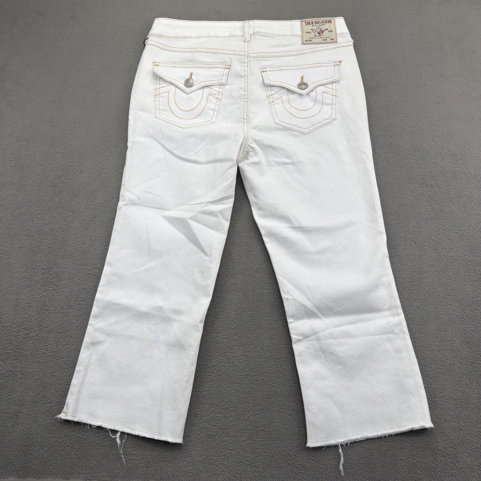 True Religion Flare Capri Jeans Womens 29 Optic White Flap Pockets NWT $159
