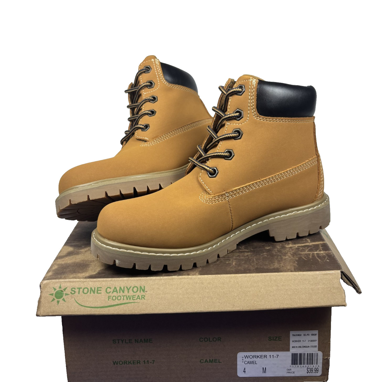 STONE CANYON FOOTWEAR BOYS WORKER 11-7 CAMEL BOOTS SIZE 4M NIB $39.99