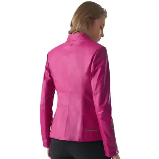 Women’s Stylish Fuchsia Leather Jacket – Zipper Hem Detail