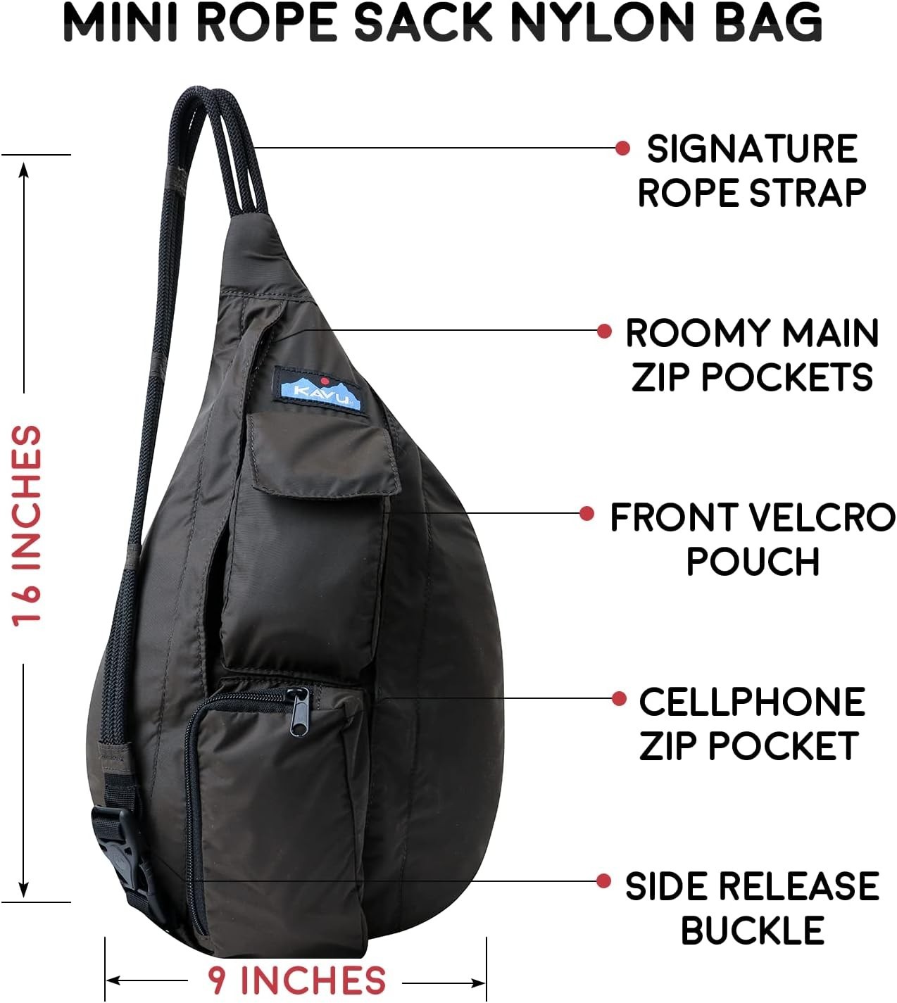 KAVU Mini Rope Sack Sling Crossbody Backpack, Blackout – New with Tags