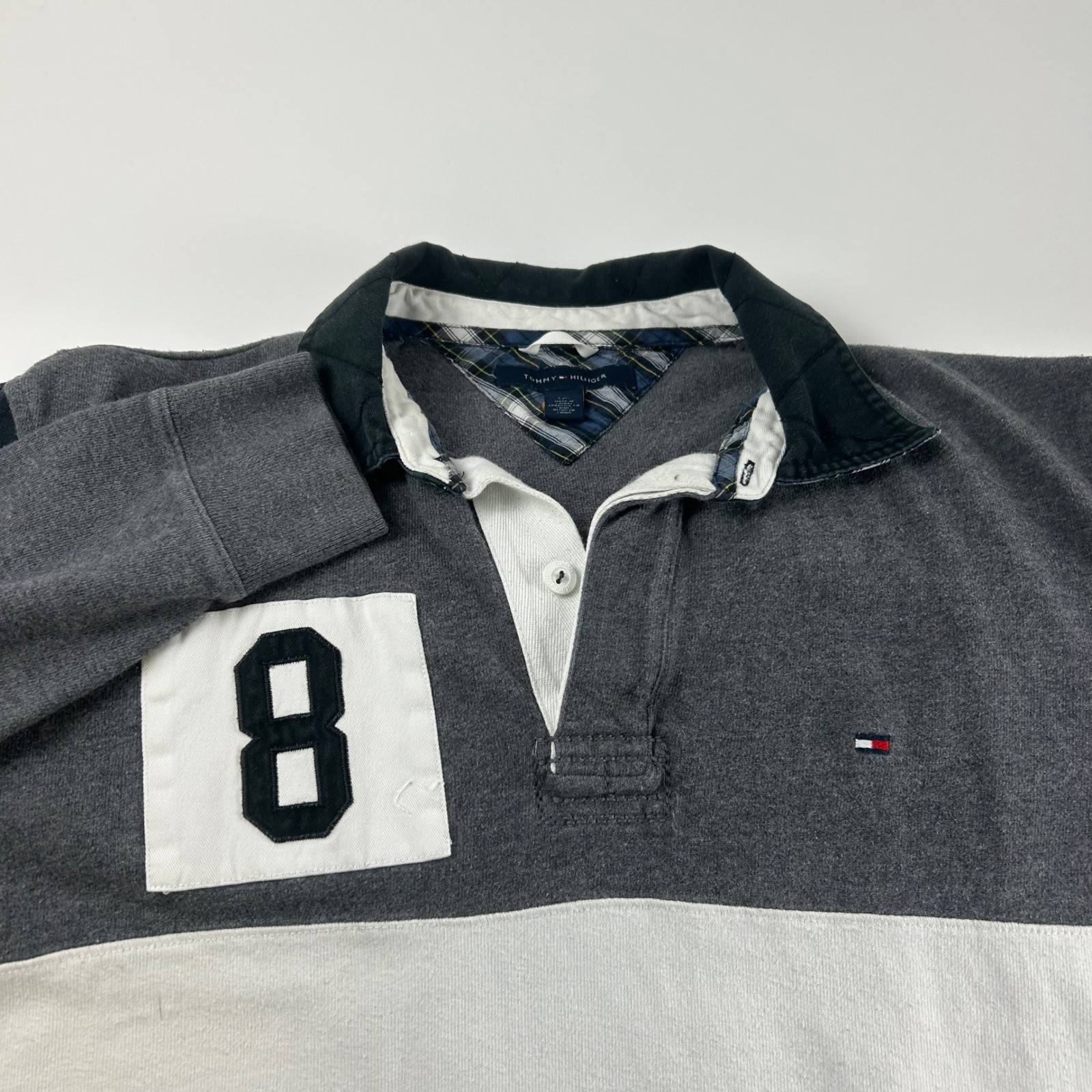 Tommy Hilfiger Mens L Long Sleeve Rugby Shirt Grey Black Colorblock 8 Patch