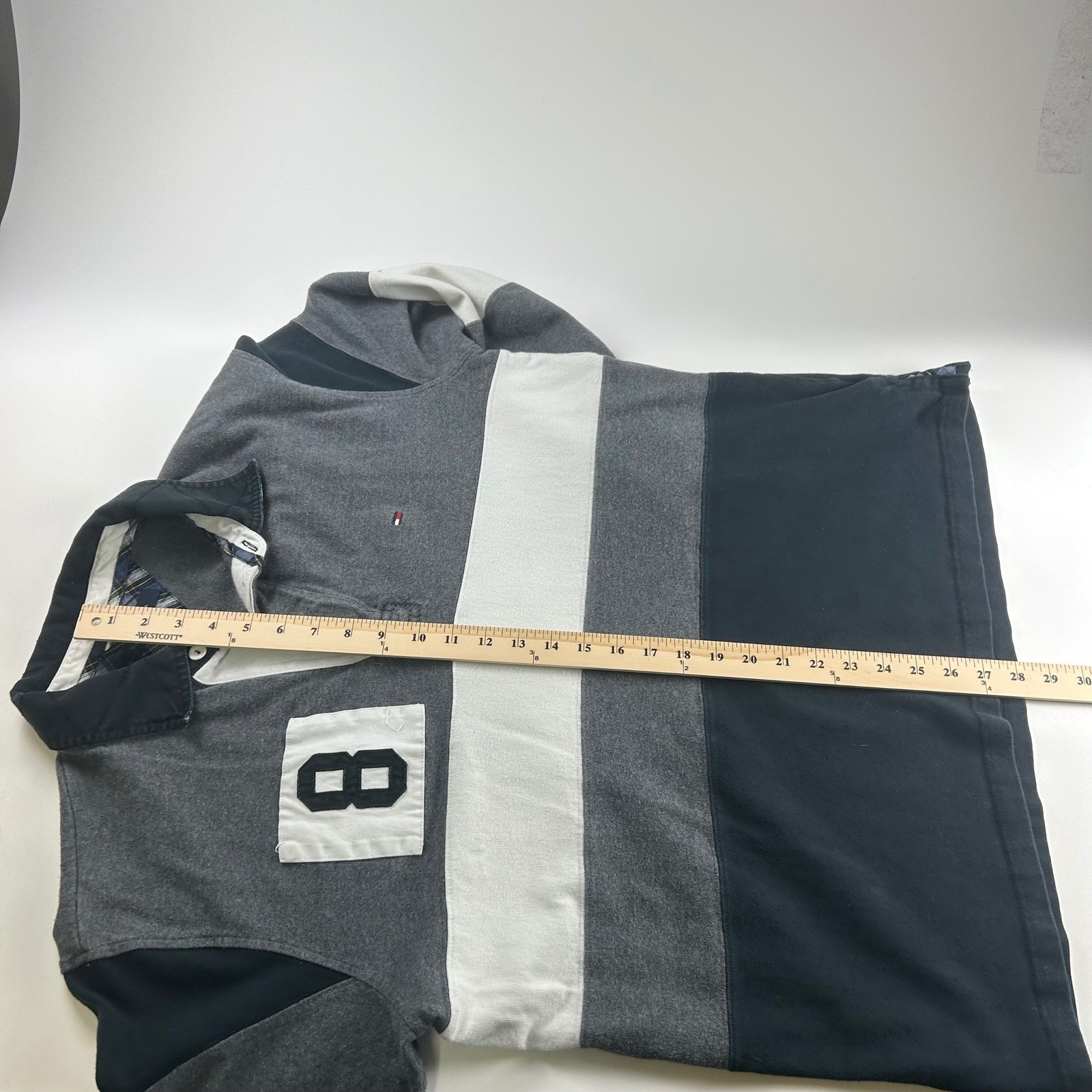 Tommy Hilfiger Mens L Long Sleeve Rugby Shirt Grey Black Colorblock 8 Patch
