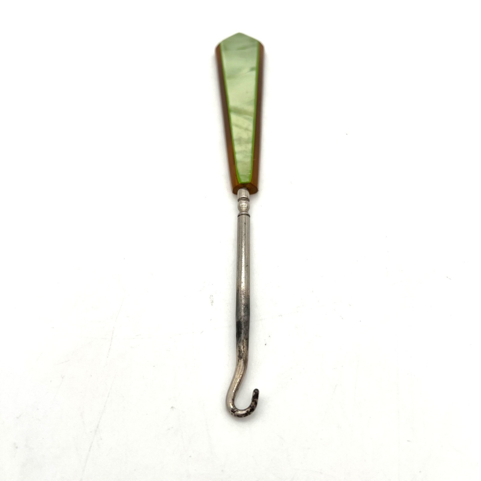 Vintage Victorian Era Bakelite Button Hook Tool Metal Shaft Pearl Green & Brown