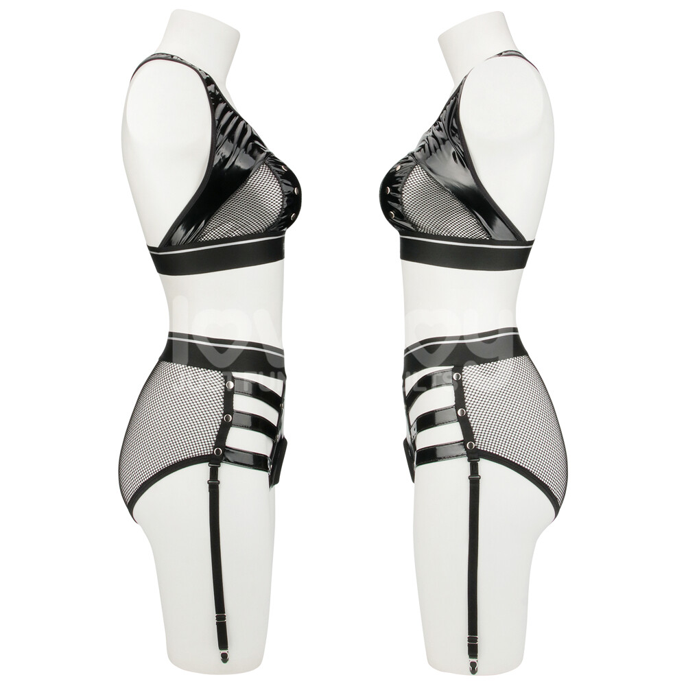 Reign Leather & Mesh Harness Set Body Bra & Panty Garter Belt Harness Lingerie