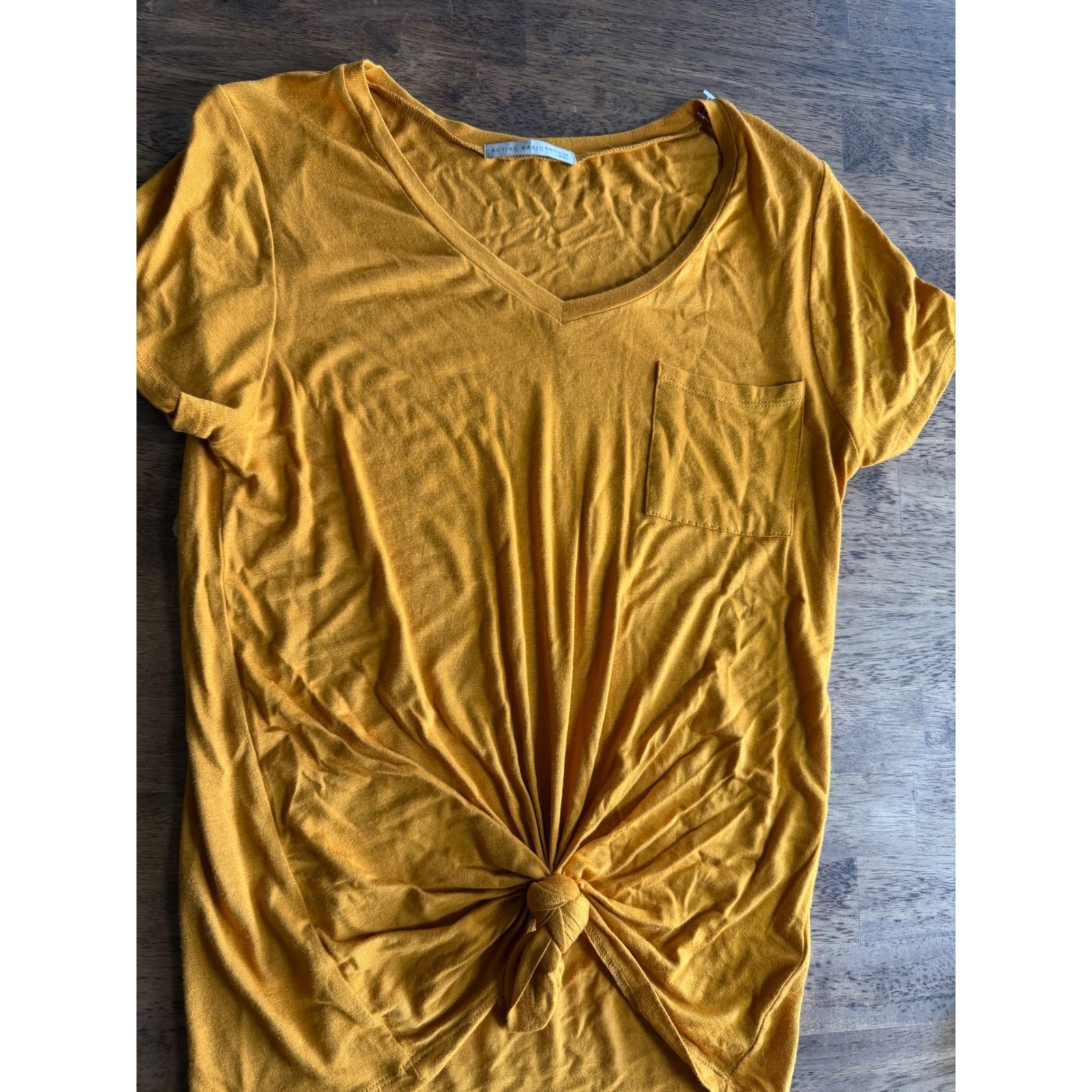 Active Basic Womens Mustard Yellow V-Neck Front Knot Pocket T-Shirt Size Sm