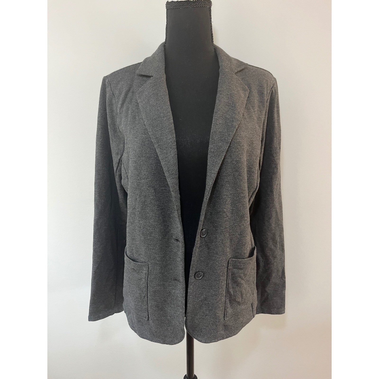 Tahari Knit Blazer Jacket Charcoal Gray Heather 3 Button Pocket Large L NWT