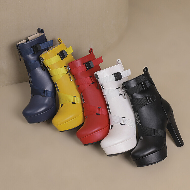 Womens Platform Faux Leather Ankle Boot Round Toe Side Zip Chunky Heels Oversize