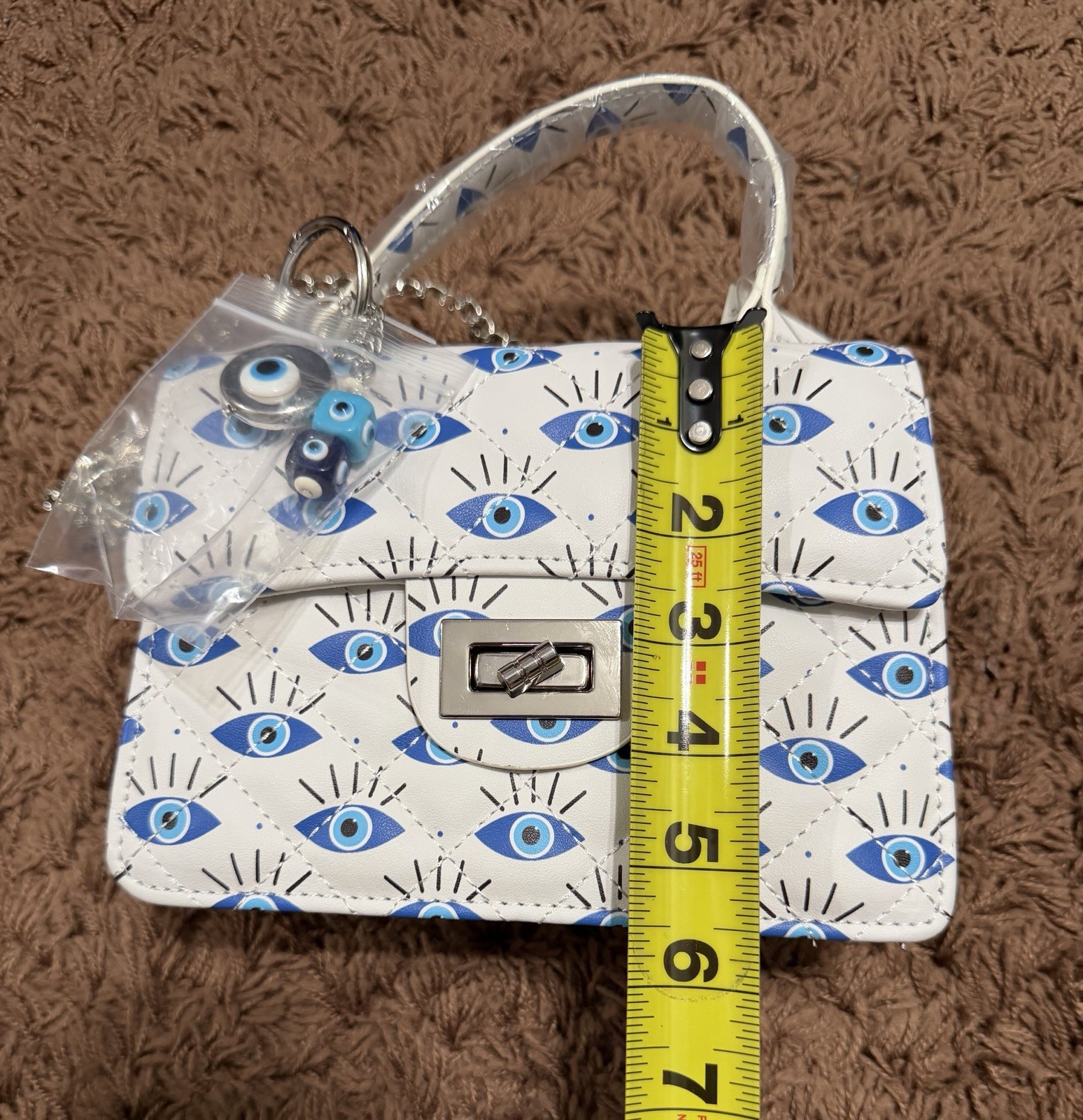 New White 100% Vegan Leather Evil Eye Crossbody Bag Detachable Chain Straps
