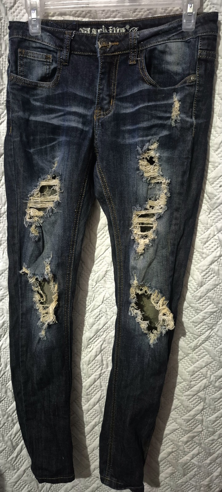 Machine Nouvelle Mode Dark Blue Wash Distressed Skinny Jeans Size 28 Women’s