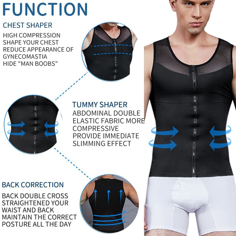 Men Compression Vest Top Body Shaper with Zipper Slimming Shirts Correct Posture