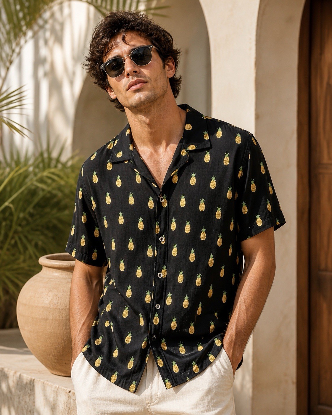 Love Your Planet Men’s L Black Pineapple Tropical Rayon Button-Up Shirt L