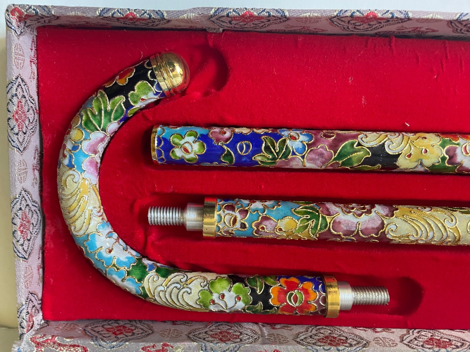 Vintage Cloisonne / Cloisonné Walk Cane Floral Motif Elegant Metal 35”