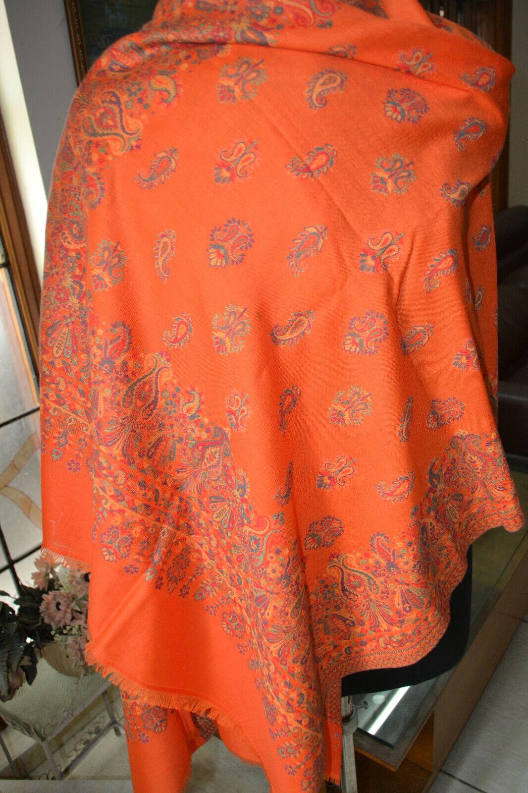 Orange KANI WEAVE Jamawar Stole Wool Blend Pashmina Jamavar Paisely