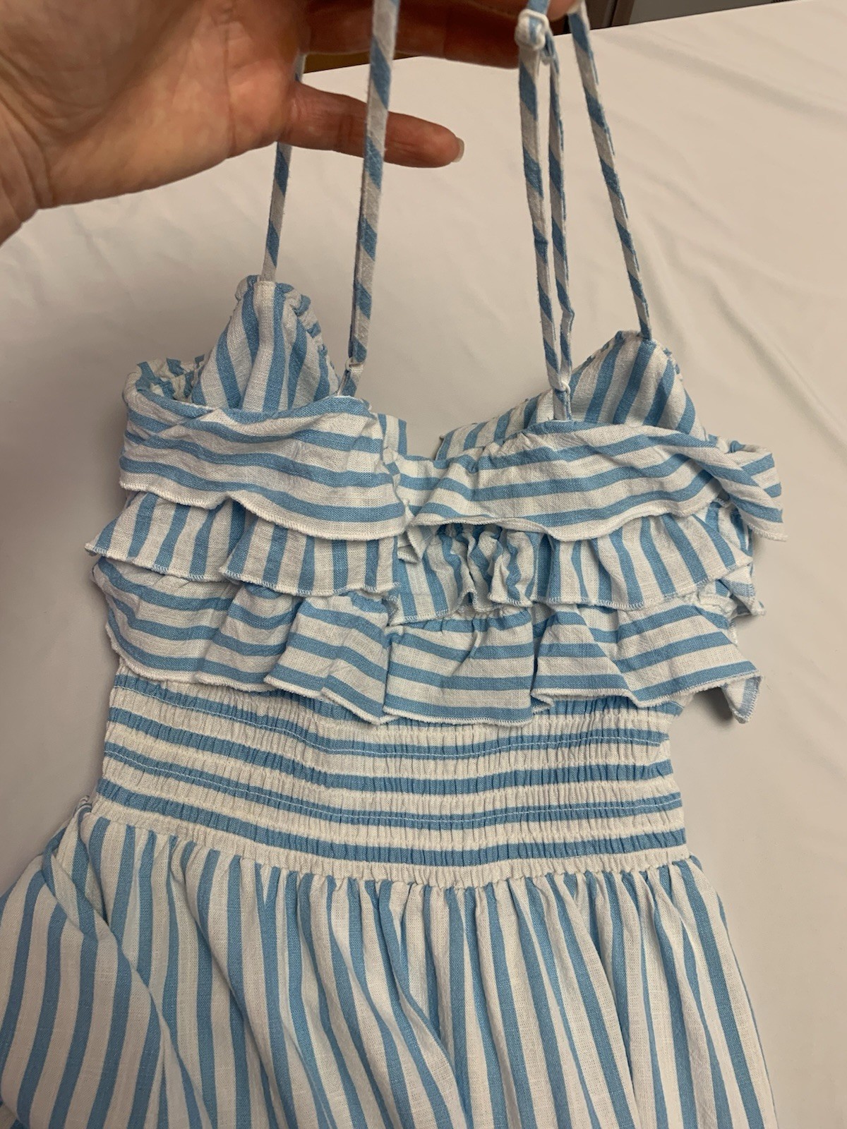 Aqua long turquoise and white striped dress with ruffles size S rayon