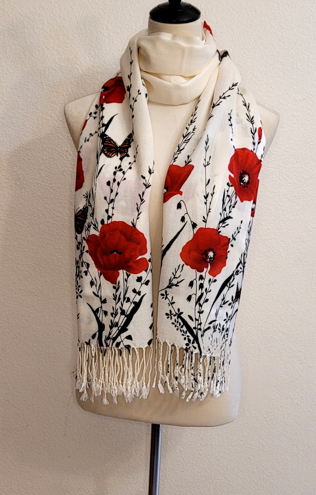 Butterfly/ Monarca/ Flowers/ Fringe/White & Red / Rojo Rebozo, Scarf, Wrap