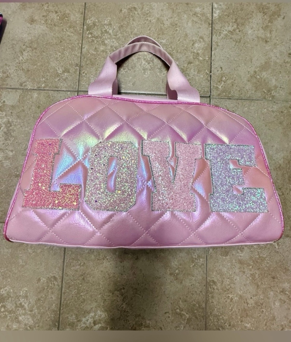 OMG Accessories Pink Quilted Glitter LOVE Large Duffle Bag Zip w Bag Charm