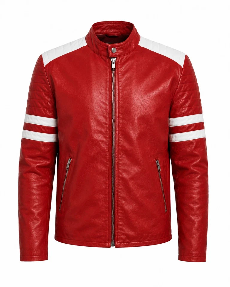 Mens Fight Club Inspired Red Leather Jacket Tyler Durden Style Biker Coat