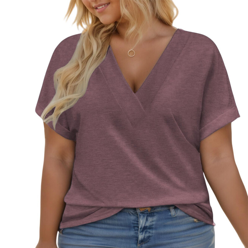 5X Plus Size Women’s V-neck Loose Top Soft Breathable Solid Color Casual T-shirt