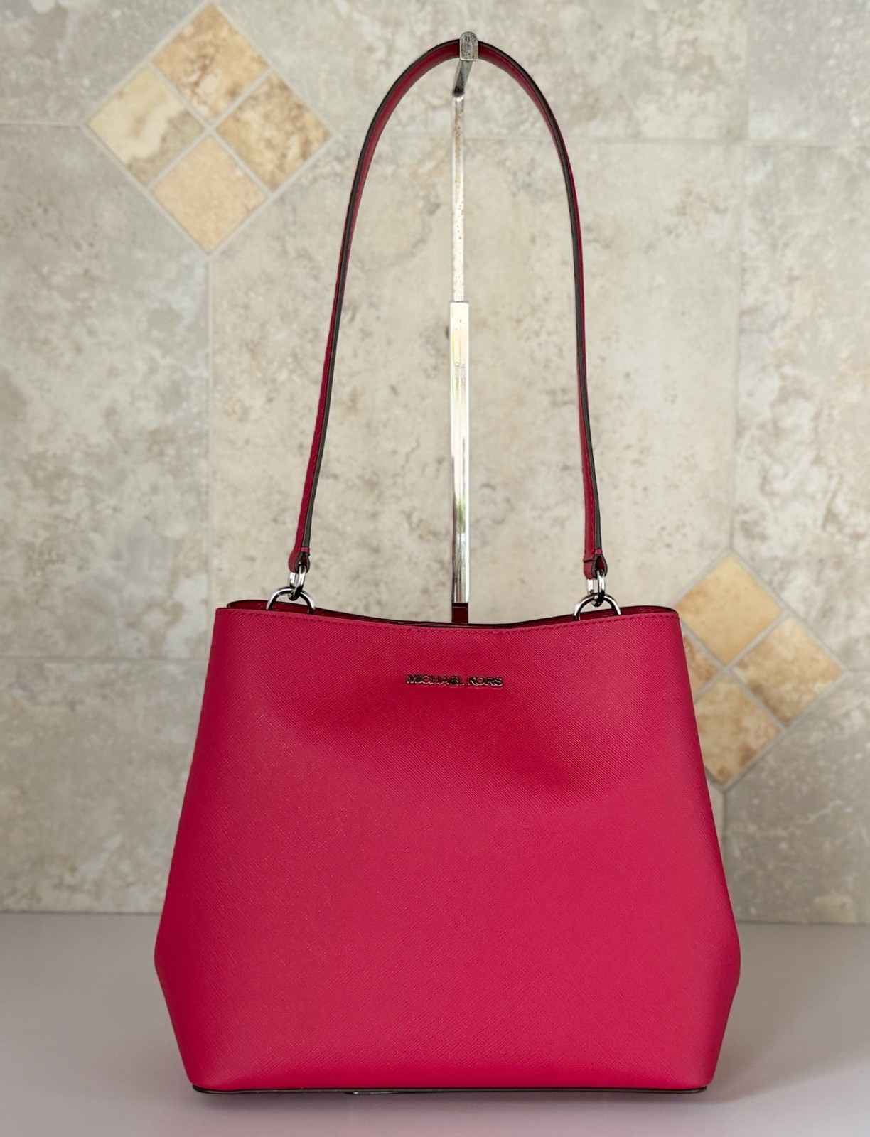 Michael Kors Pratt Medium Bucket Shoulder Tote Bag Dark Raspberry