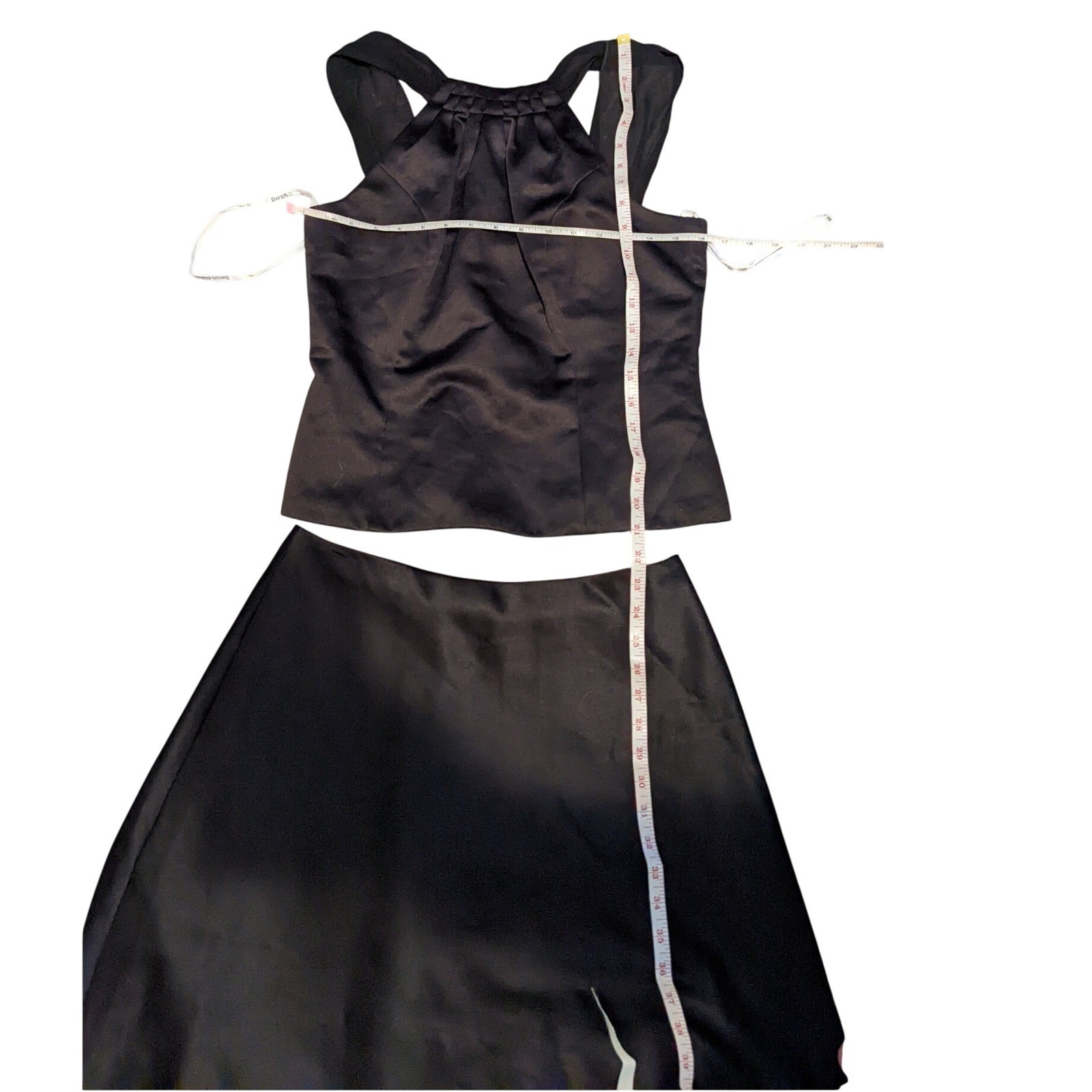 David’s Bridal Black Satin 2 Piece Set Halter Crop Top A-Line Skirt Size 10